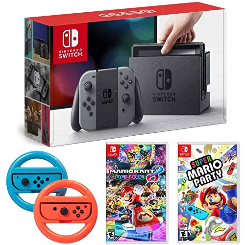 32GB Console with Gray Joy Con Bundle with Super Mario Party, Mario Kart 8 Deluxe and Steering Wheel 2-Pack O73751