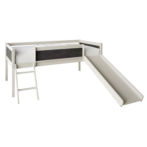 Antique Gray Wood Twin Loft Bed Frame with Slide, Climbing Ladder, Chalkboard, Guardrail Y418767