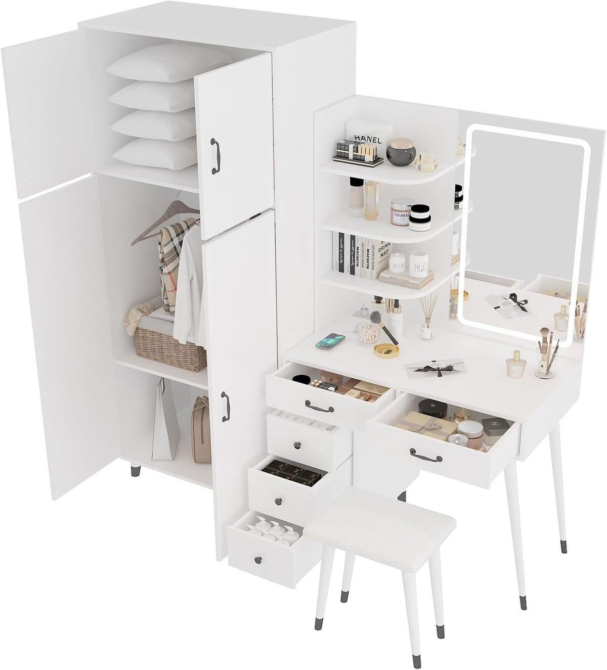 White Makeup Vanity Table and Armoire Wardrobe Set with LED Mirror and 5 Drawers K481