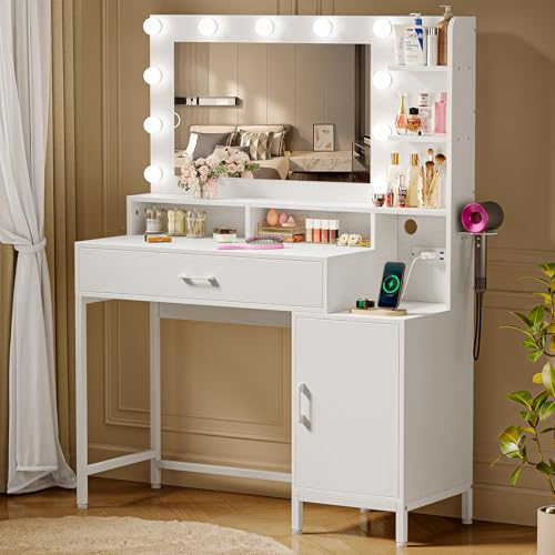 White Vanity Desk with Mirror and Lights and Storage Drawer T928936