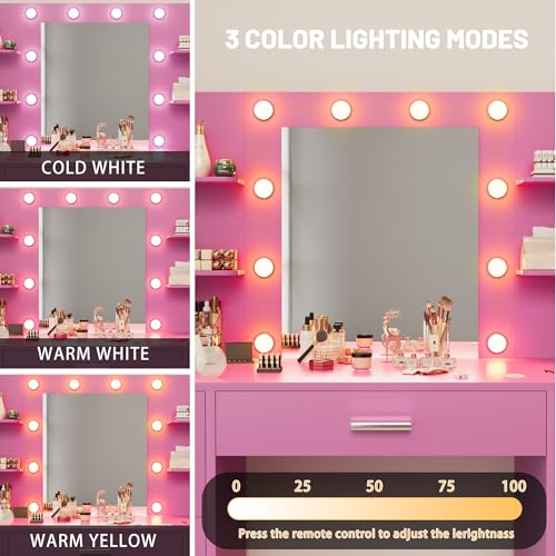 White Vanity Desk with Mirror, LED Lights, 7 Drawers and 6 Storage Shelves M853