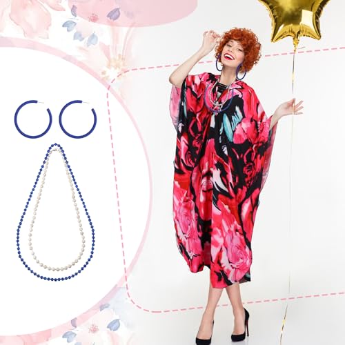 5 Pcs Halloween Costume Set with Print Caftan Dress Curly Wig Bead Necklace Earring X503