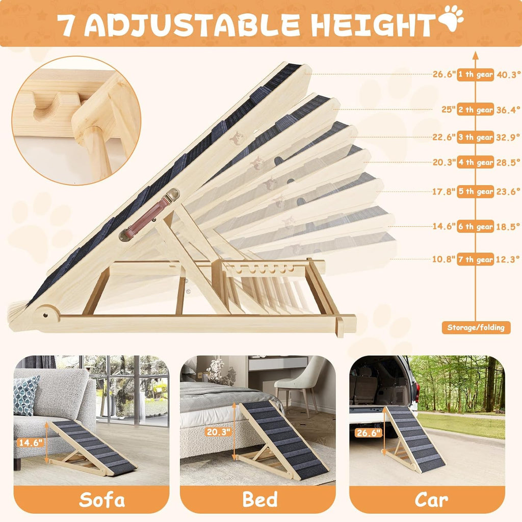 Folding Wooden Pet Ramp, 7 Adjustable Height from 10.8" to 26.6", Supports Up to 200lbs L712