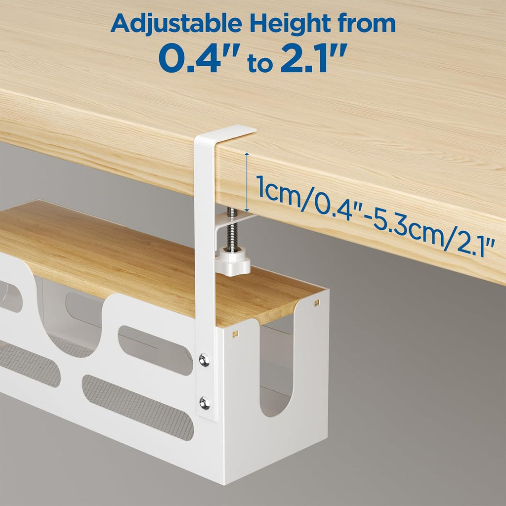 White Desk Cable Management Box with Lid and Adjustable Clamps M910