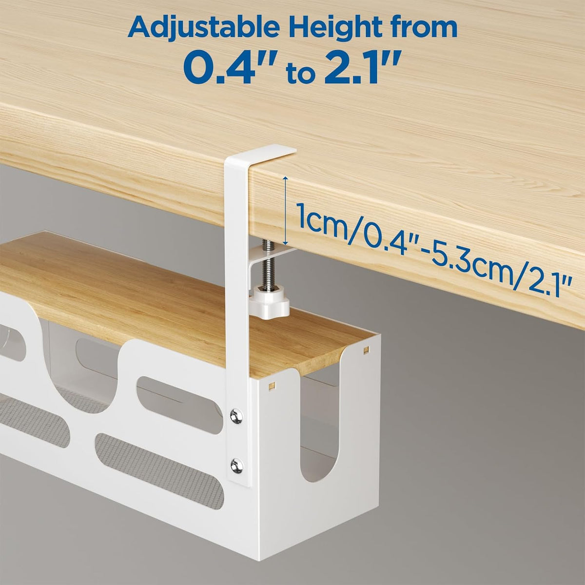 White Desk Cable Management Box with Lid and Adjustable Clamps M910