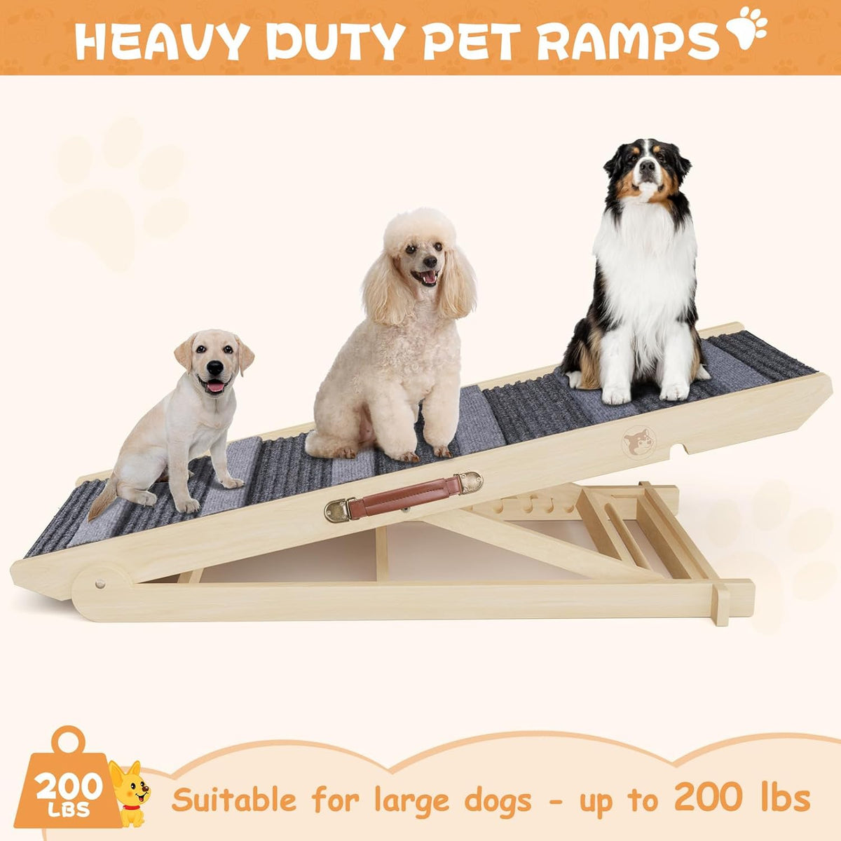 Folding Wooden Pet Ramp, 7 Adjustable Height from 10.8" to 26.6", Supports Up to 200lbs L712