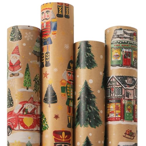 4 Rolls 30 x 120 inch Brown Kraft Christmas Wrapping Paper X397