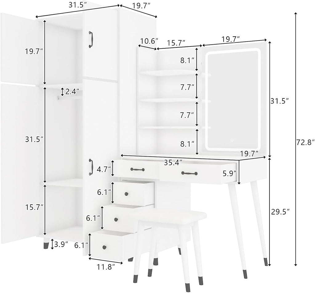 White Makeup Vanity Table and Armoire Wardrobe Set with LED Mirror and 5 Drawers K481