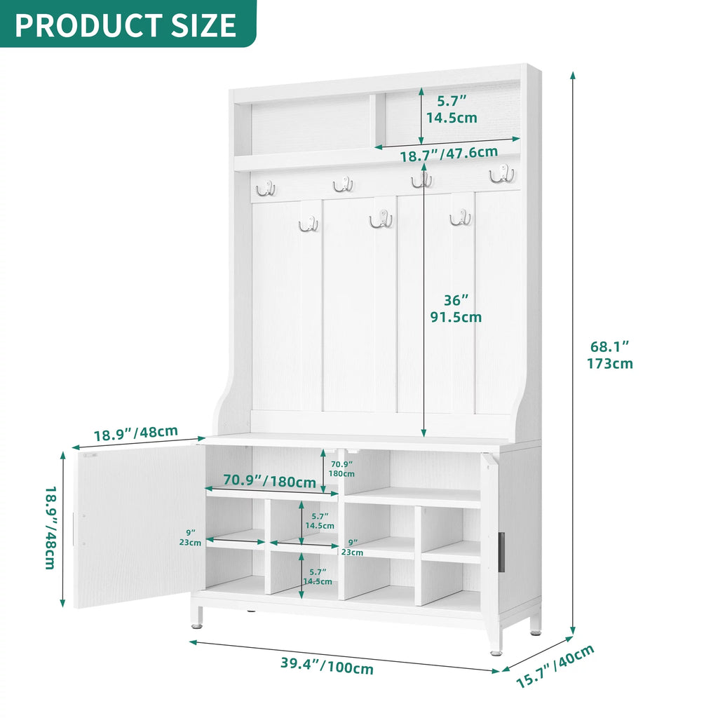 White 14 Hook Coat Rack with Storage Bench and Shoe Cabinet P90921