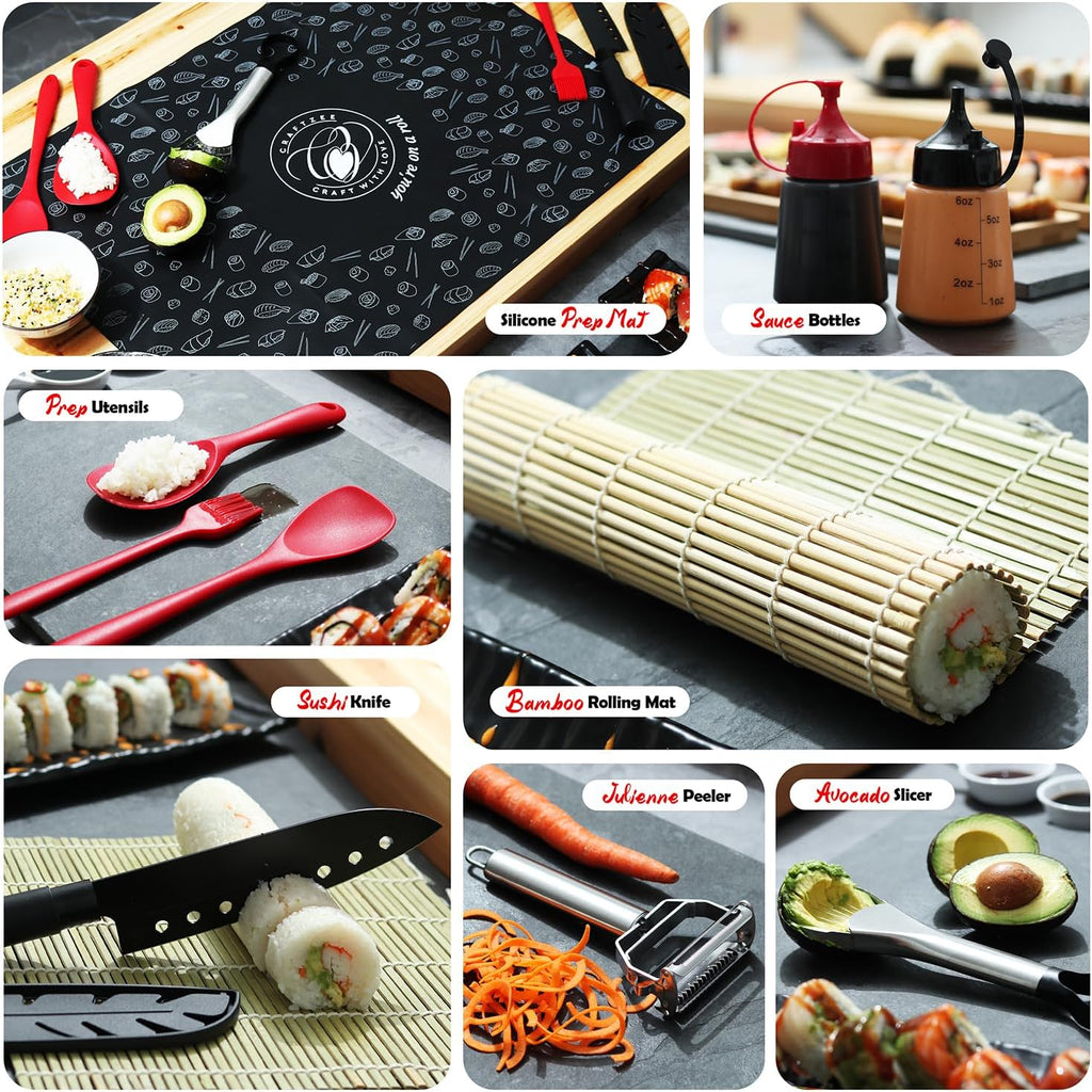 42Pcs Sushi Maker Kit with Bazooka Roller, Rice Cooker, Onigiri, Nigiri & Musubi Mold, Bamboo Rolling Mat, Knife V121