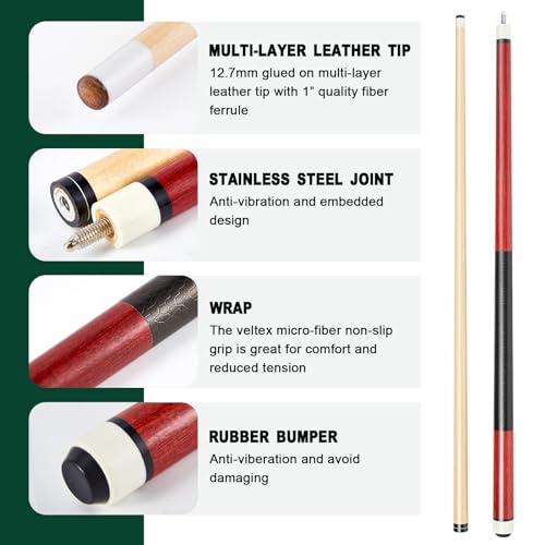 58 Inch Maple Pool Cue Sticks Case and Replacement Kit V86952