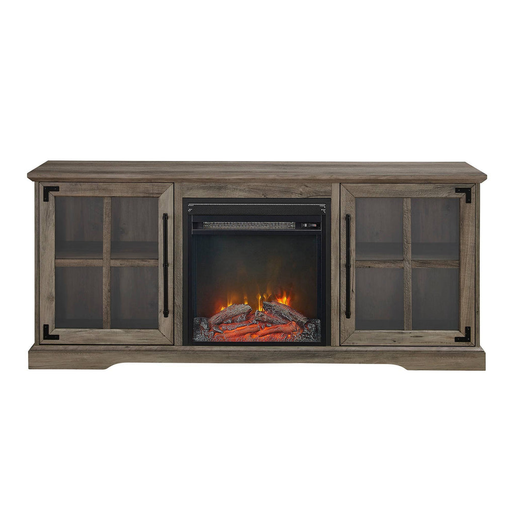 Rustic Farmhouse 2 Door Window Pane Electric Fireplace TV Stand Gray Wash Q9967