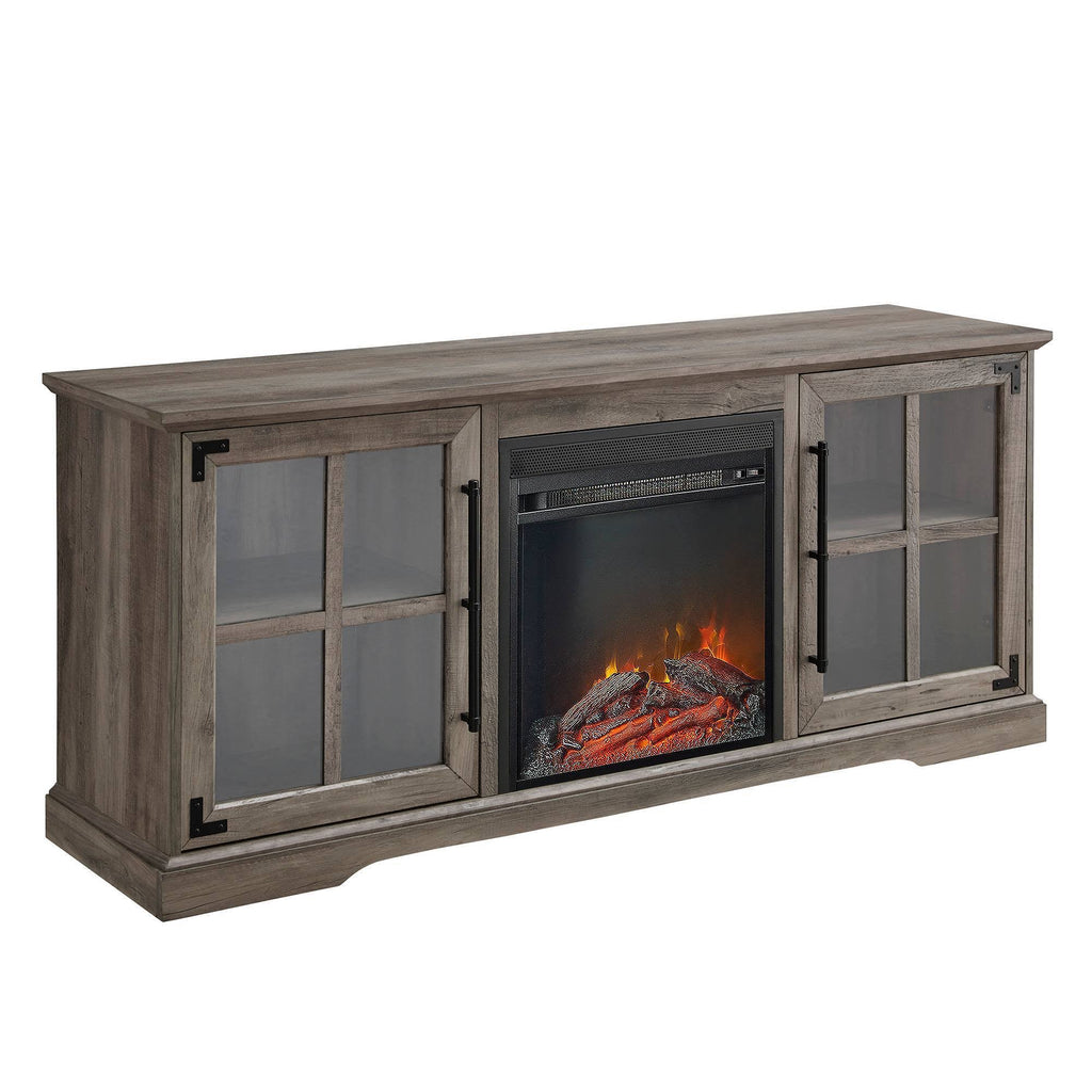 Rustic Farmhouse 2 Door Window Pane Electric Fireplace TV Stand Gray Wash Q9967