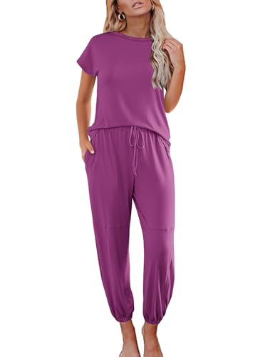 2 Piece Cap Sleeve Pajamas Set with Joggers Pants D634