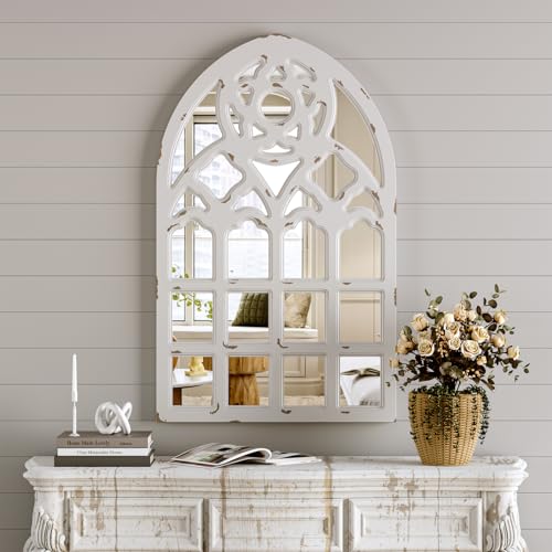 White Arched Wood Framed Window Mirror 23.6"x38"x1.2" U26784