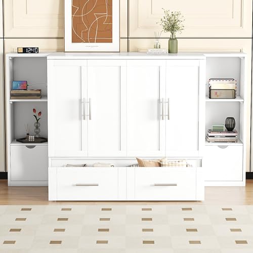 White Queen Size Solid Wood Murphy Wall Bed with Storage S847766