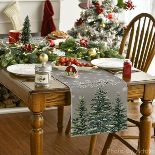 Beige Pine Tree Snowflake Merry Christmas Table Runner 13 x 72 Inch V7280