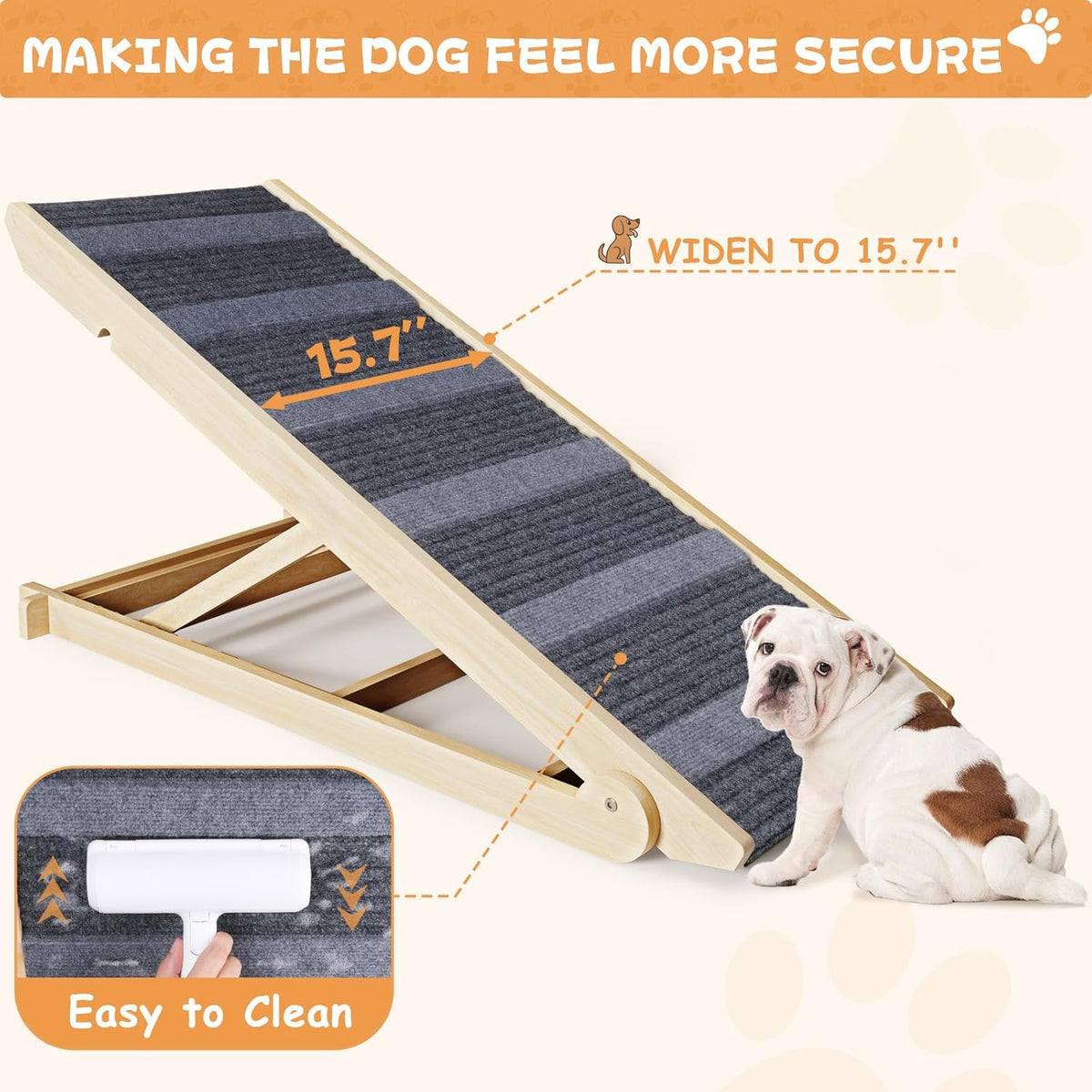 Folding Wooden Pet Ramp, 7 Adjustable Height from 10.8" to 26.6", Supports Up to 200lbs L712