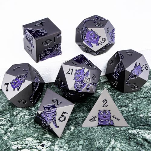 Metal DND Cat Dice 7PCS Polyhedral RPG Dice Set (Purple Yellow) X446