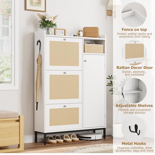 Rattan Shoe Storage Cabinet with 3 Flip Drawers, Adjustable Shelves, Oak F3821