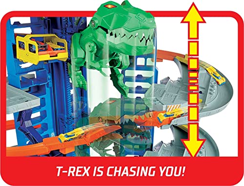 Hot Wheels City Toy Car Track Set, Ultimate Garage with T-Rex Dinosaur, Store 100+ 1:64 Scale Vehicles, 3-ft Tall, with 2 Cars U34518
