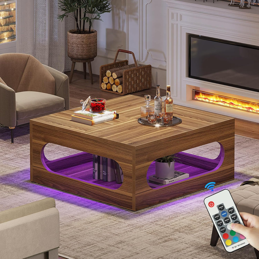 Brown Wood Coffee Table with Storage and LED Light M3182