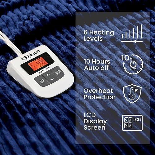 Navy Blue Queen Size Striped Electric Fleece Blanket with 6 Heat Levels and Auto-Off U137