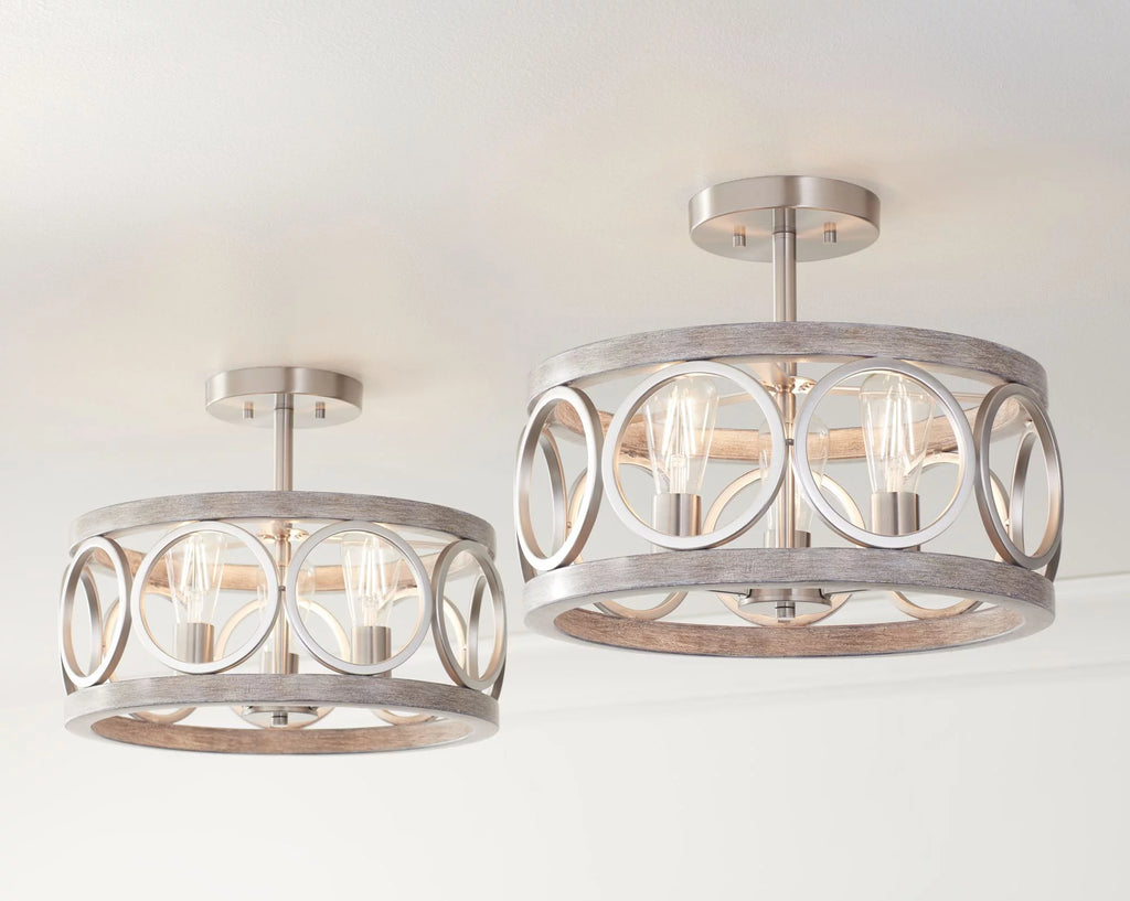 Rustic Farmhouse Ceiling Light Semi Flush Mount 16" Wide Brushed Nickel Gray Wood 3-Light LED W336