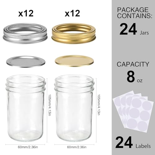 8 oz 24 Pack Glass Canning Jars with Lids and Bands M50408