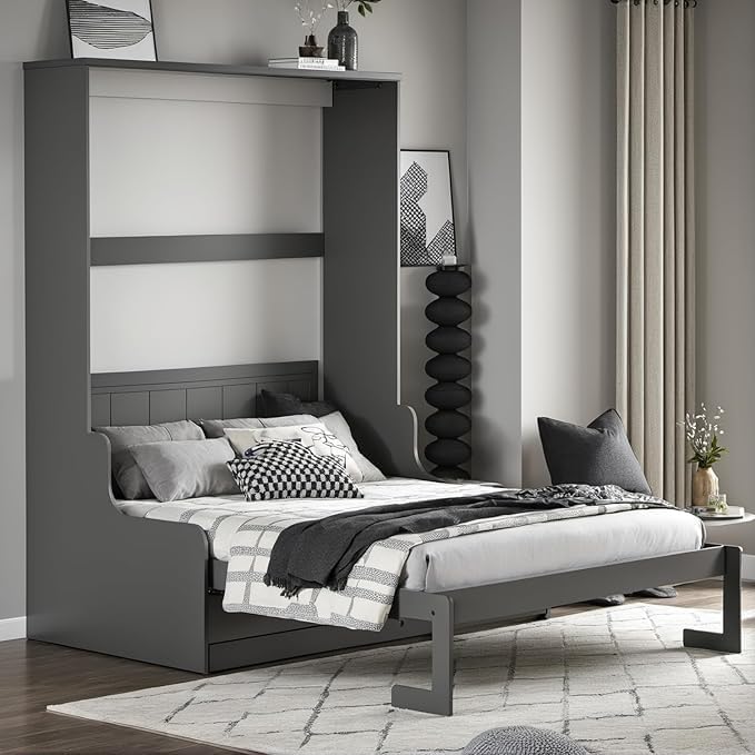 White Queen Size Wall Bed with Desk and Storage Shelf K696683