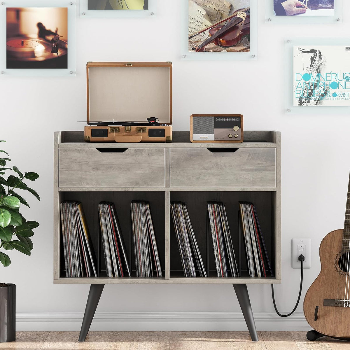 Gray Wooden Record Player Stand with Storage and Drawers F317494