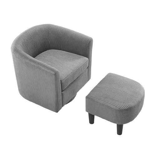 Grey Corduroy Swivel Accent Chair with Ottoman X2669