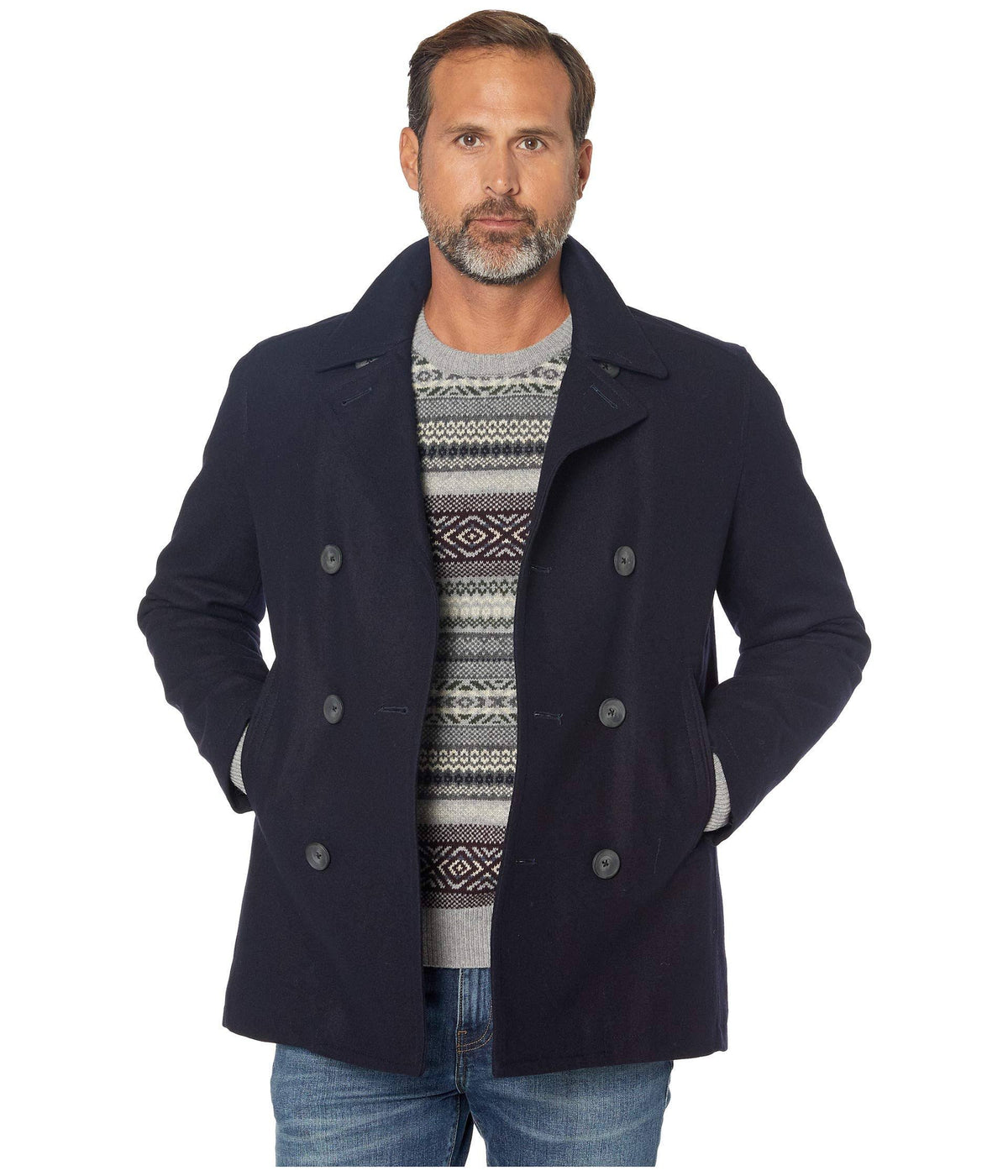 Dark Navy Men's Three-Button Pea Coat Q689