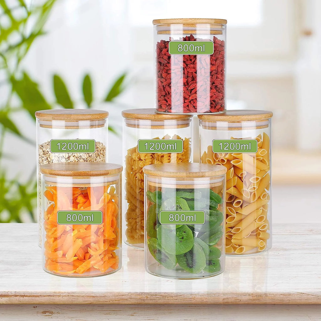 Set of 6 Airtight Borosilicate Glass Storage Jars with Bamboo Lids, 2 Sizes Y41541