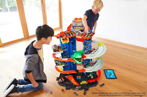 Hot Wheels City Toy Car Track Set, Ultimate Garage with T-Rex Dinosaur, Store 100+ 1:64 Scale Vehicles, 3-ft Tall, with 2 Cars U34518