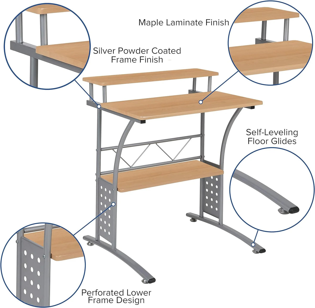 Black Silver Steel Frame Small Computer Desk with Raised Monitor Platform and Lower Storage Shelf L9738