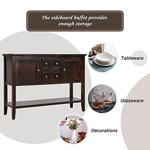 Espresso Buffet Sideboard Console with 2 Cabinets 4 Drawers and Open Bottom Shelf B22562