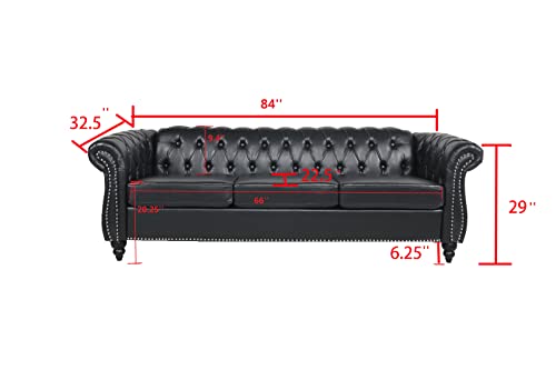 84" Dark Brown Leather Tufted 3 Seater Chesterfield Sofa I7578