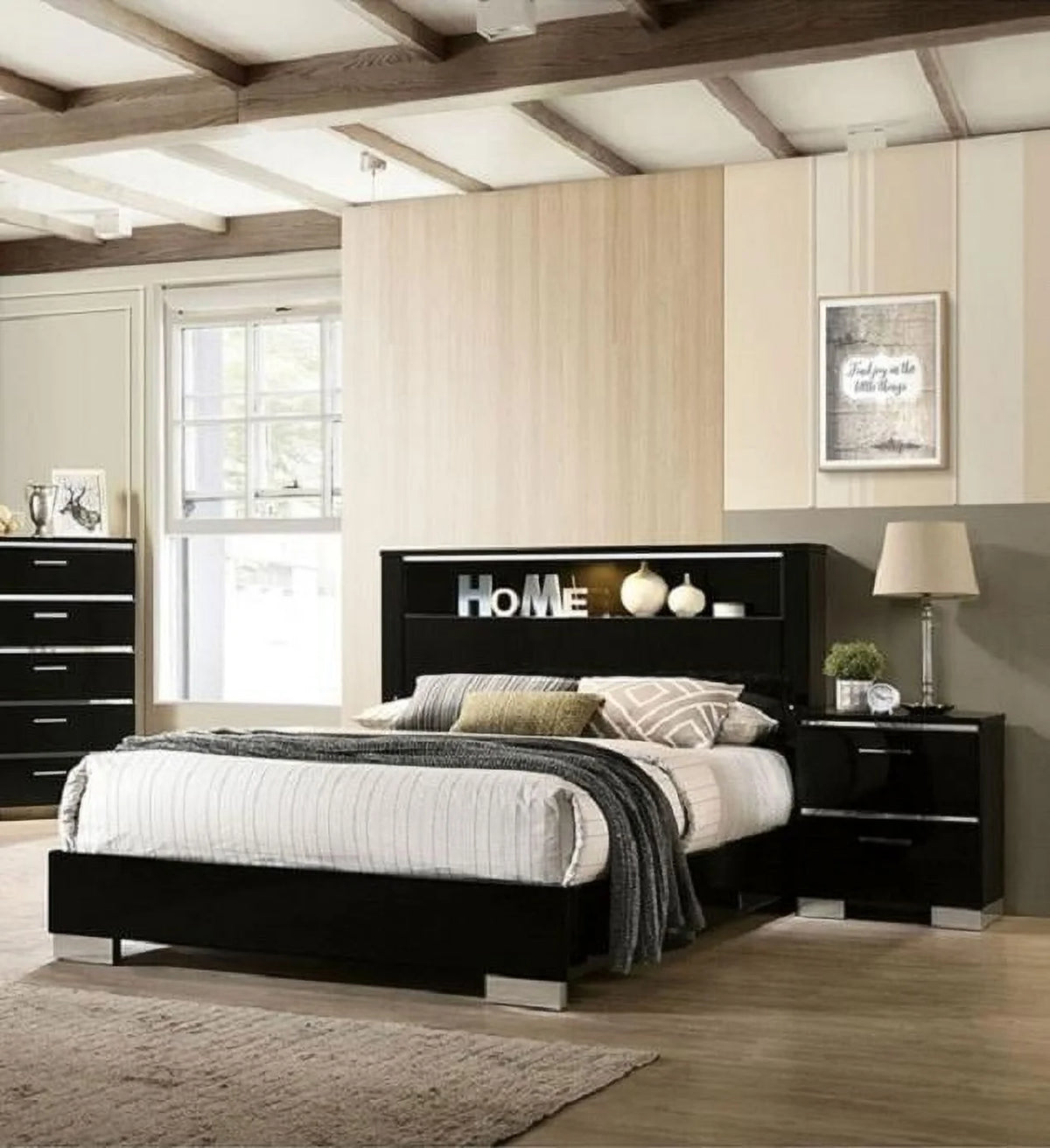 Black Solid Wood King Bedroom Set 3pcs E698