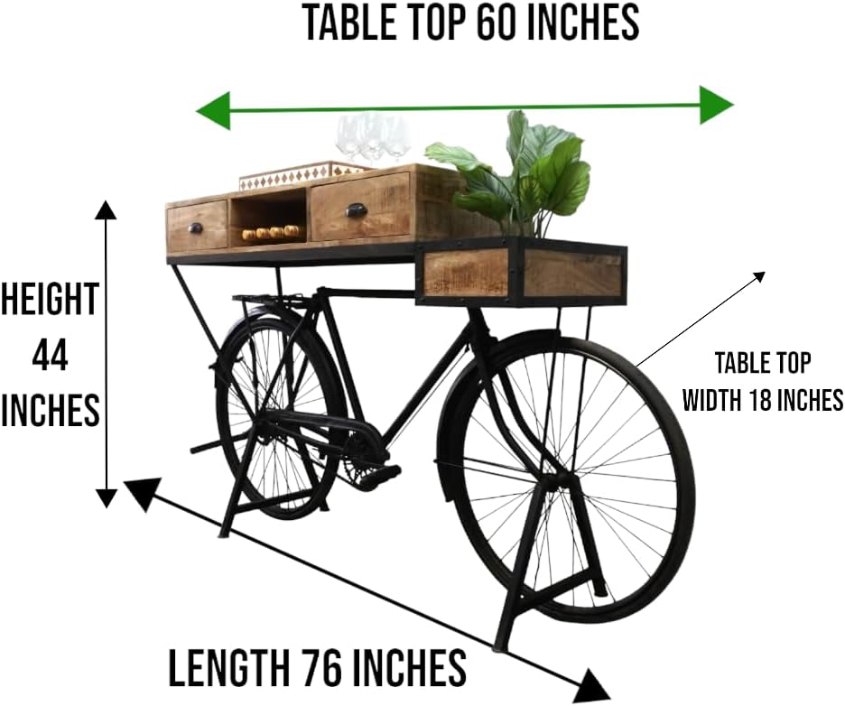 Vintage Bicycle Console Table with Drawers & Storage, Mango Wood, 76L x 18W x 44H inches Z676