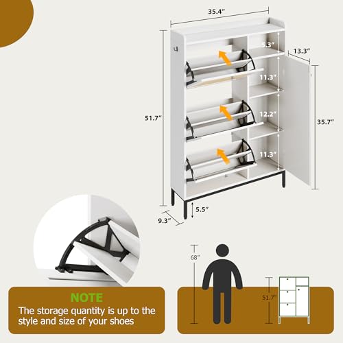 Rattan Shoe Storage Cabinet with 3 Flip Drawers, Adjustable Shelves, Oak F3821
