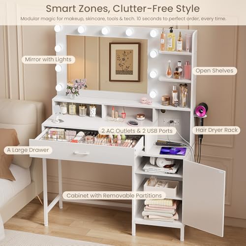 White Vanity Desk with Mirror and Lights and Storage Drawer T928936