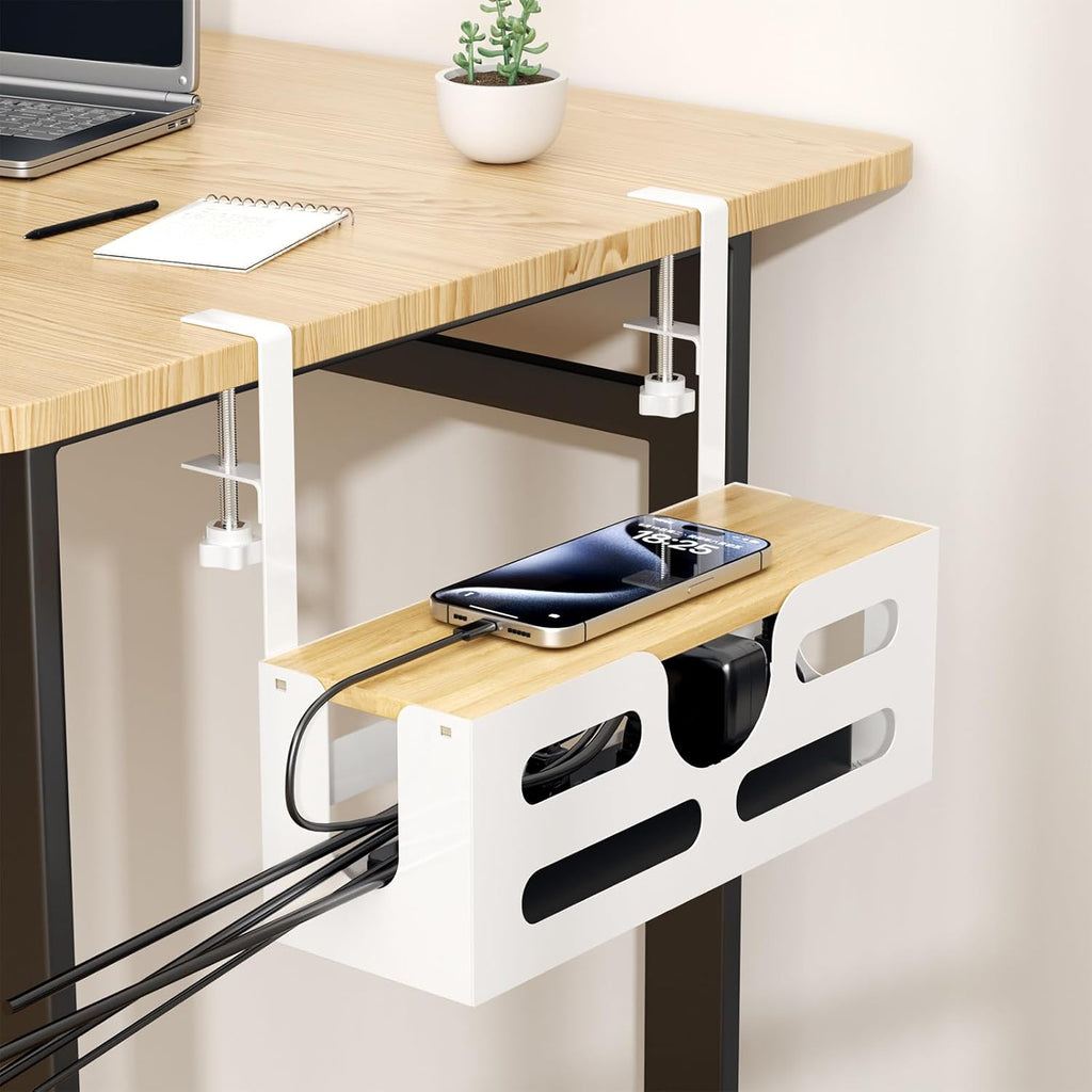 White Desk Cable Management Box with Lid and Adjustable Clamps M910