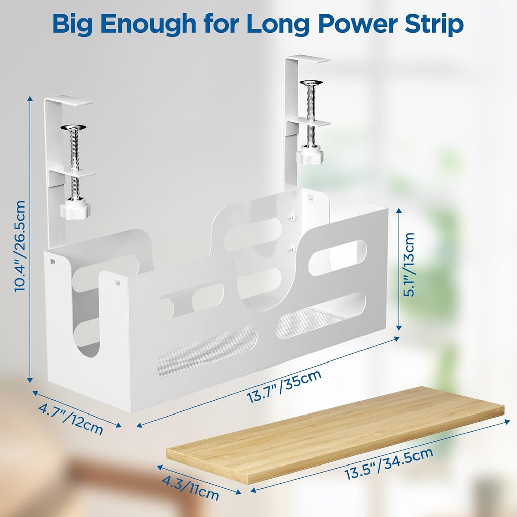White Desk Cable Management Box with Lid and Adjustable Clamps M910