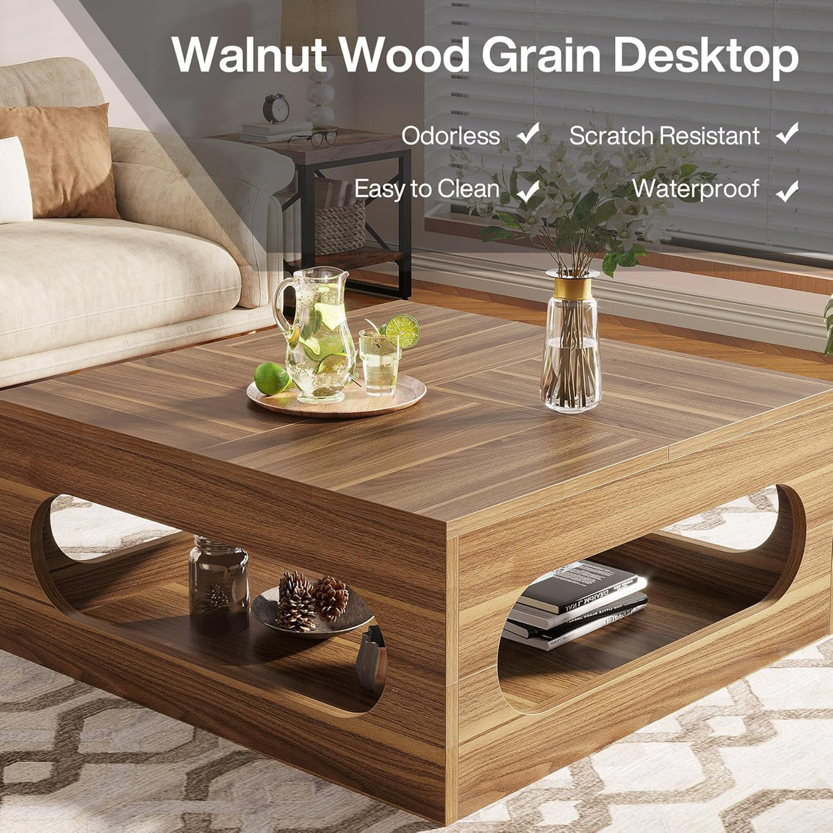 Brown Wood Coffee Table with Storage and LED Light M3182