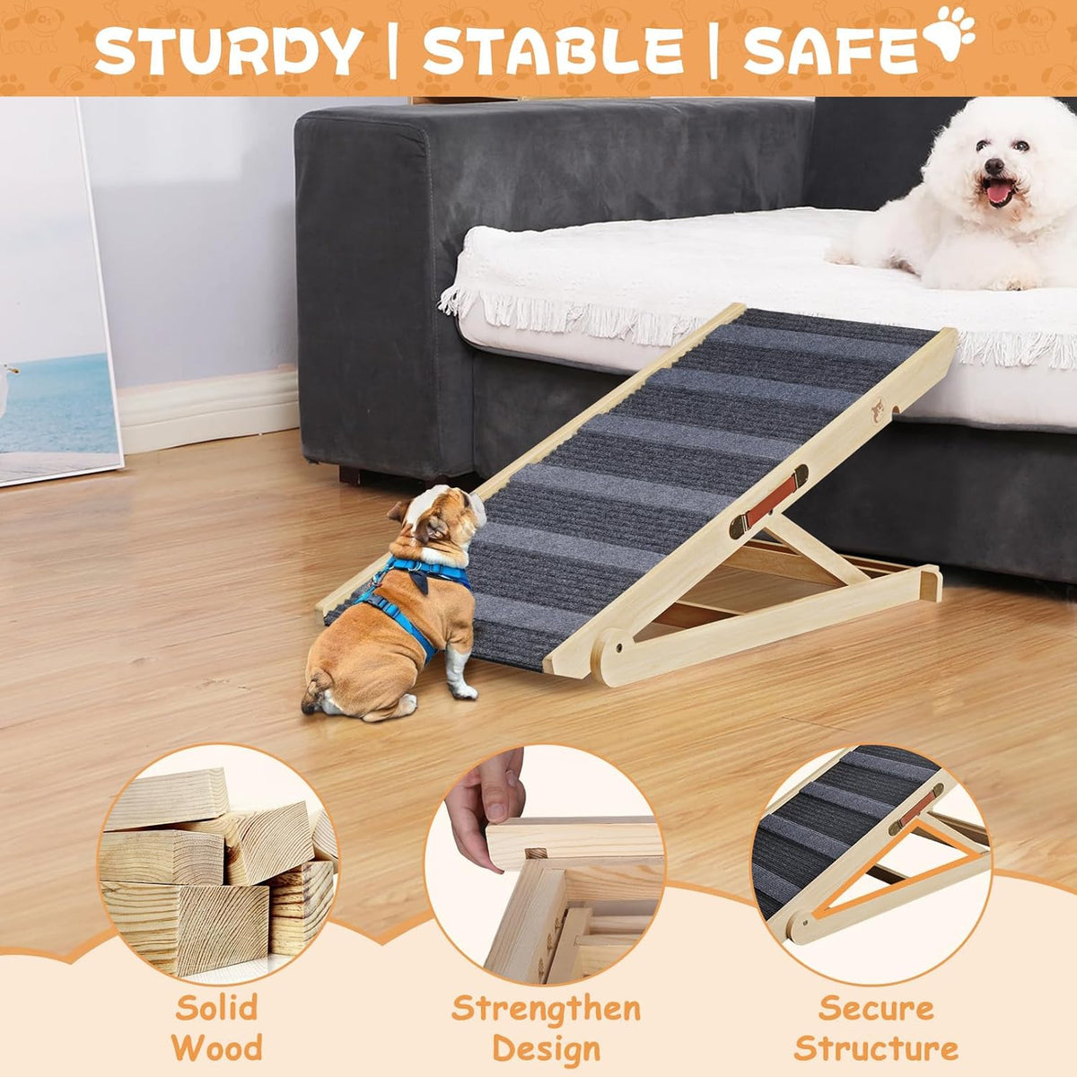 Folding Wooden Pet Ramp, 7 Adjustable Height from 10.8" to 26.6", Supports Up to 200lbs L712