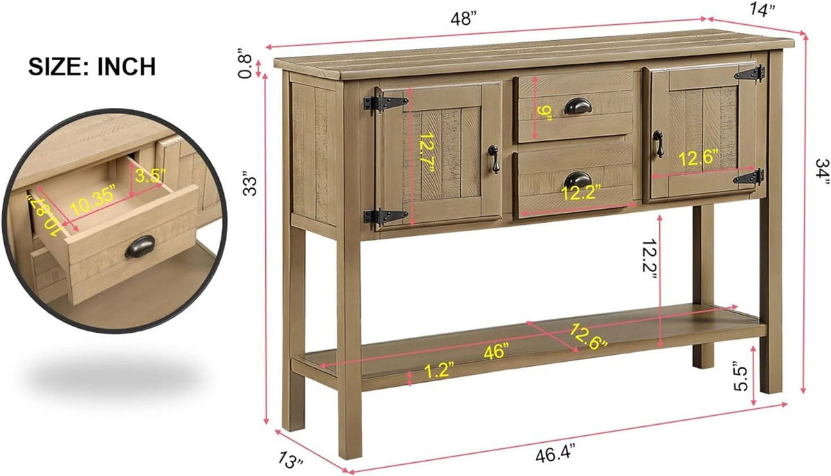 48 Inch Console Table With 2 Drawers And Cabinets And Bottom Shelf Solid Wood Sideboard Storage Buffet Server Cabinet D8669