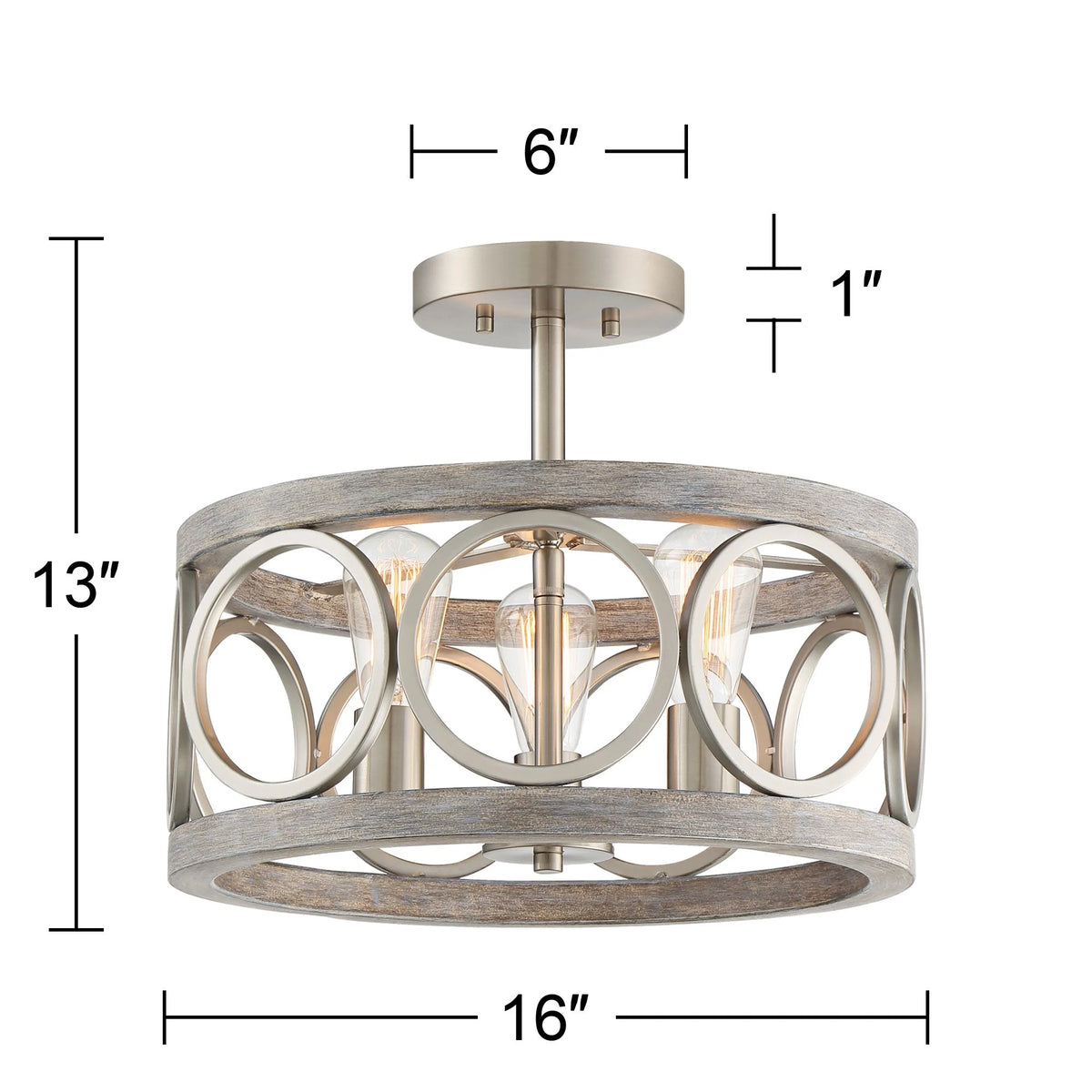 Rustic Farmhouse Ceiling Light Semi Flush Mount 16" Wide Brushed Nickel Gray Wood 3-Light LED W336