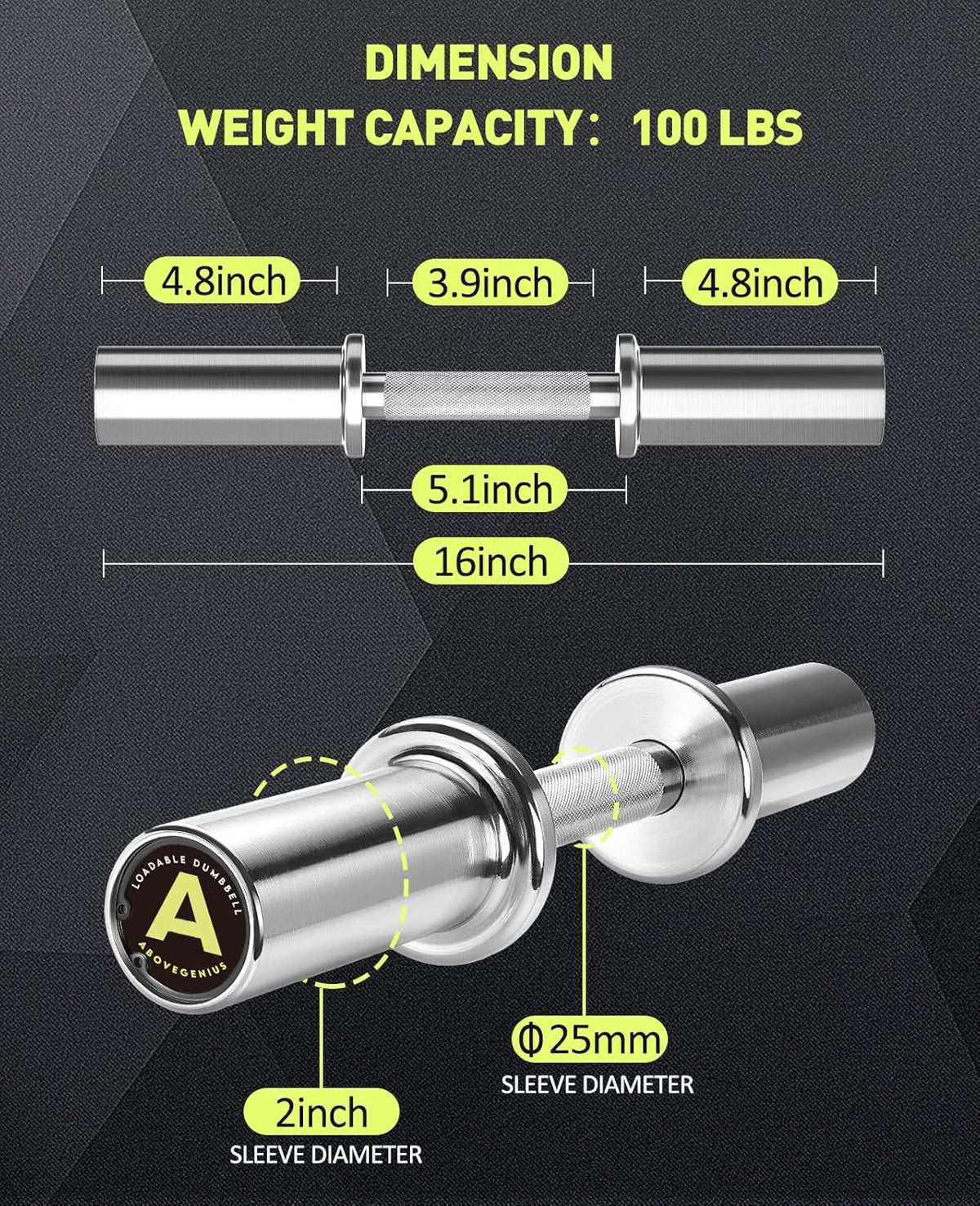 16" Olympic Dumbbell Handles Loadable Dumbbell Bars with 2 Pair of Spring Collars D625
