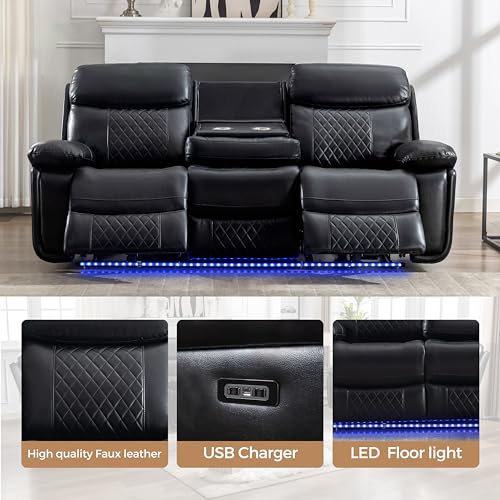 Black Faux Leather Power Reclining 3 Seater Sofa with LED Light F841